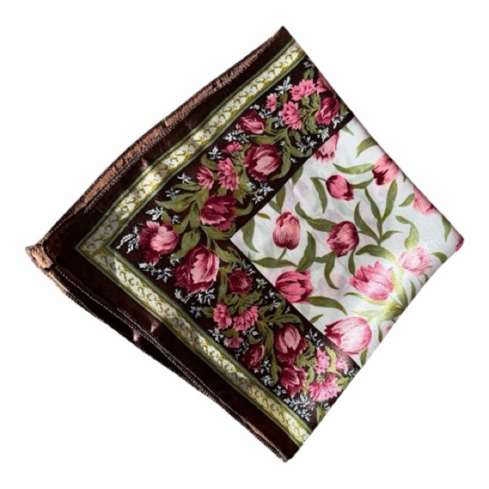 Vintage Scarf Floral Tulips Brown Pink Satiny Green 21” Square - Picture 3 of 4